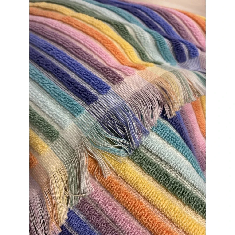 Rachel Zoe Viral Rainbow Stripe Beach Towel w/Fringe 100% COTTON NWT Retro Boho